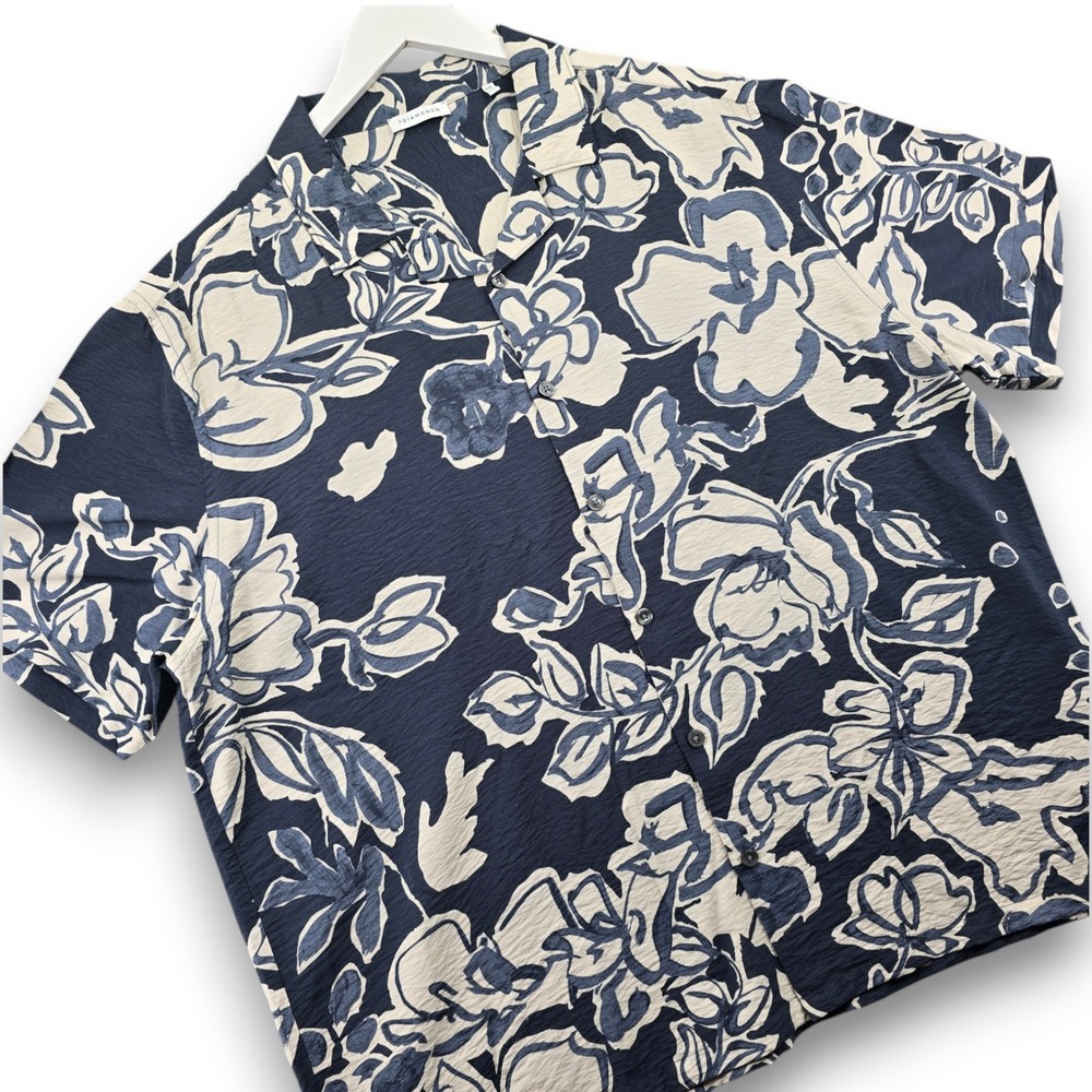 7 Diamonds Mens XXL Shirt Navy Blue Floral Rayon Blend Short Sleeve SMC-1109